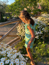 Load image into Gallery viewer, Girls aquamarine &amp; yellow floral set with ruffled sleeves and shorts, made from handmade Indian block print, handmade in India, Dubai kids apparel