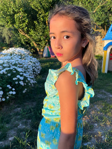Girls aquamarine & yellow floral set with ruffled sleeves and shorts, made from handmade Indian block print, handmade in India, Dubai kids apparel