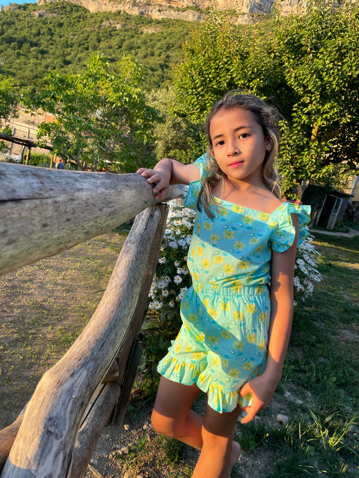 Girls aquamarine & yellow floral set with ruffled sleeves and shorts, made from handmade Indian block print, handmade in India, Dubai kids apparel