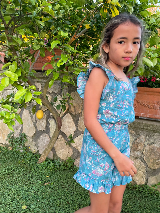 Ella Ruffle Block Print Kids Coord Set in Blue & Pink Floral