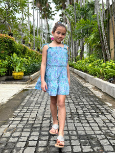 Girls sundress for kids made from blue and purple artisan-made batik cotton fabric, handmade fashion in Bali, for young fashionistas in Dubai