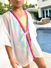 Load image into Gallery viewer, Girls kids white beach kaftan swimsuit cover up with purple tassel trim for the pool and the beach