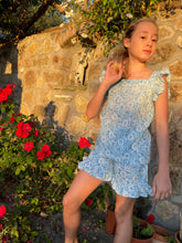 Load image into Gallery viewer, Girls blue &amp; white floral set with ruffled sleeves and shorts, made from handmade Indian block print, handmade in India, Dubai kids apparel