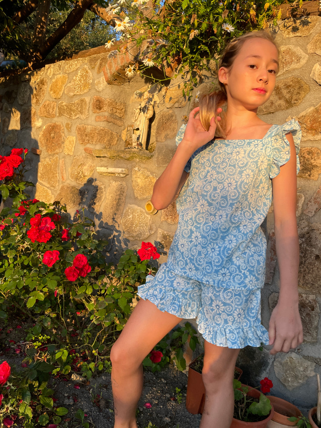 Girls blue & white floral set with ruffled sleeves and shorts, made from handmade Indian block print, handmade in India, Dubai kids apparel