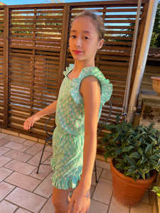 Girls mint floral set with ruffled sleeves and shorts, made from handmade Indian block print, handmade in India, for sale in Dubai