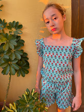 Load image into Gallery viewer, Ella Ruffle Green &amp; Red Floral Block Print Kids Coord Set