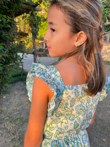 Ella Ruffle Block Print Kids Coord Set in Blue & Green Floral