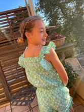 Load image into Gallery viewer, Girls mint floral set with ruffled sleeves and shorts, made from handmade Indian block print, handmade in India, for sale in Dubai