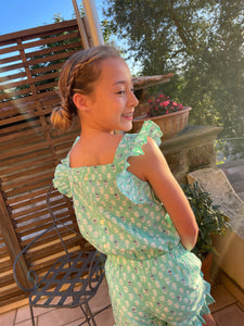 Girls mint floral set with ruffled sleeves and shorts, made from handmade Indian block print, handmade in India, for sale in Dubai