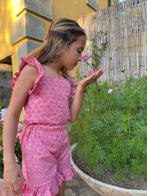 Load image into Gallery viewer, Girls rose pink floral set with ruffled sleeves and shorts, made from handmade Indian block print, handmade in India, for sale in Dubai