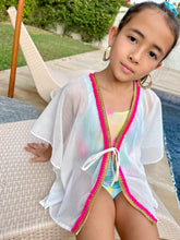 Load image into Gallery viewer, Girls kids white beach kaftan swimsuit cover up with hot pink tassel trim for the pool and the beach