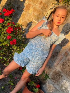 Girls blue & white floral set with ruffled sleeves and shorts, made from handmade Indian block print, handmade in India, Dubai kids apparel