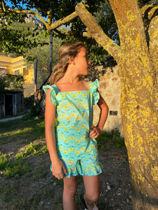 Girls aquamarine & yellow floral set with ruffled sleeves and shorts, made from handmade Indian block print, handmade in India, Dubai kids apparel