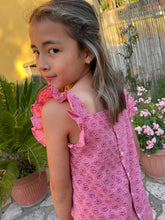 Load image into Gallery viewer, Girls rose pink floral set with ruffled sleeves and shorts, made from handmade Indian block print, handmade in India, for sale in Dubai