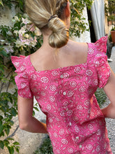 Load image into Gallery viewer, Girls pink &amp; white floral set with ruffled sleeves and shorts, made from handmade Indian block print, handmade in India, for sale in Dubai
