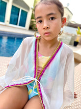 Load image into Gallery viewer, Girls kids white beach kaftan swimsuit cover up with purple tassel trim for the pool and the beach