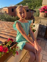 Load image into Gallery viewer, Girls mint floral set with ruffled sleeves and shorts, made from handmade Indian block print, handmade in India, for sale in Dubai