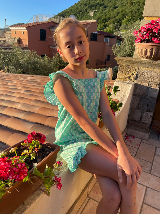 Girls mint floral set with ruffled sleeves and shorts, made from handmade Indian block print, handmade in India, for sale in Dubai