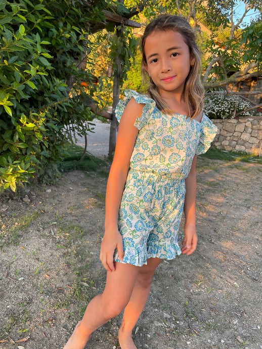 Ella Ruffle Block Print Kids Coord Set in Blue & Green Floral