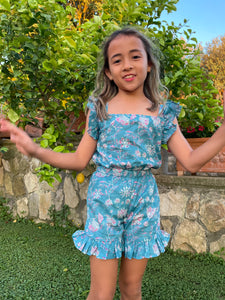 Ella Ruffle Block Print Kids Coord Set in Blue & Pink Floral