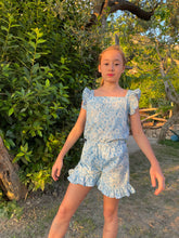 Load image into Gallery viewer, Girls blue &amp; white floral set with ruffled sleeves and shorts, made from handmade Indian block print, handmade in India, Dubai kids apparel