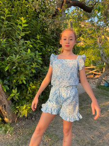 Girls blue & white floral set with ruffled sleeves and shorts, made from handmade Indian block print, handmade in India, Dubai kids apparel