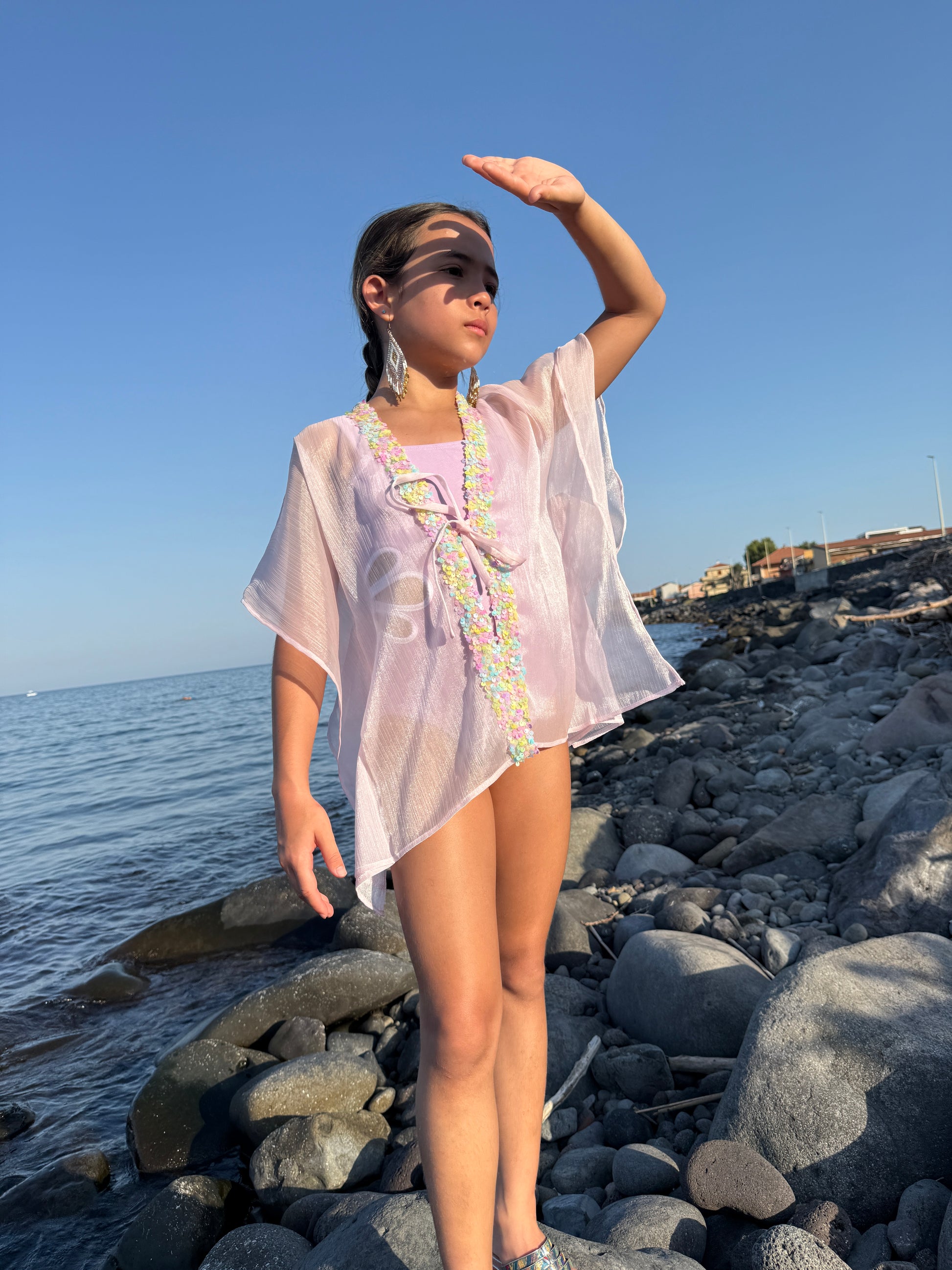 Girls purple beach kaftan with light rainbow colored sequins along the neckline, beachwear for Dubai girls and kids