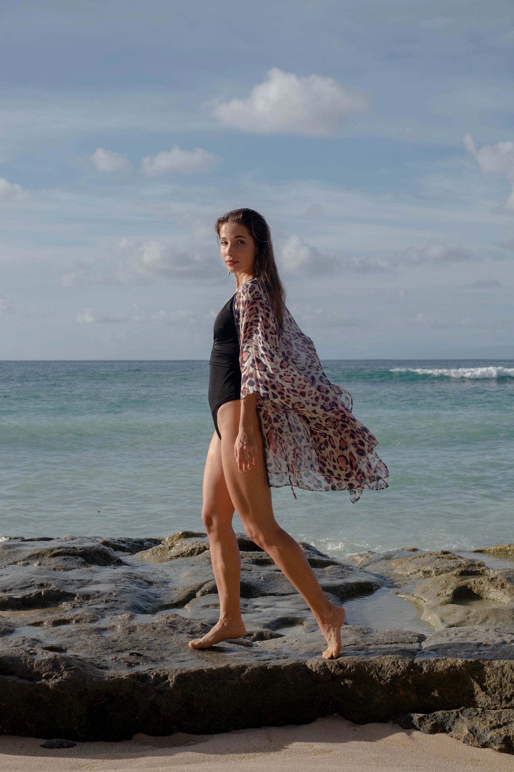 Alina women’s silk chiffon kaftan in navy and pink leopard print, flowy, breezy, glamorous women's resort wear in Dubai
