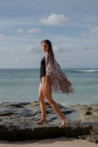Alina women’s silk chiffon kaftan in navy and pink leopard print, flowy, breezy, glamorous women's resort wear in Dubai
