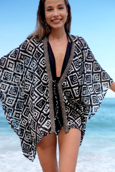 Ameyo black and white geometric chiffon kaftan with silver bead trim for sale in Dubai
