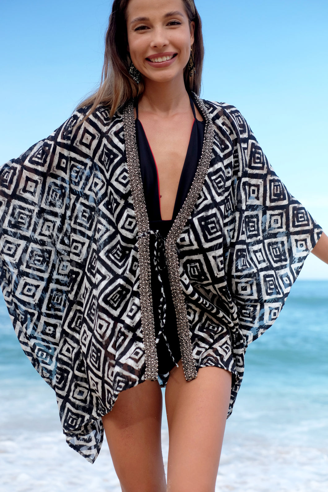 Ameyo black and white geometric chiffon kaftan with silver bead trim for sale in Dubai