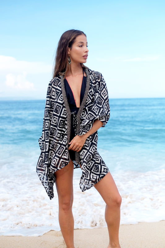 Bold and stylish Ameyo beach kaftan swimsuit cover up for beach and resort wear in Dubai.
