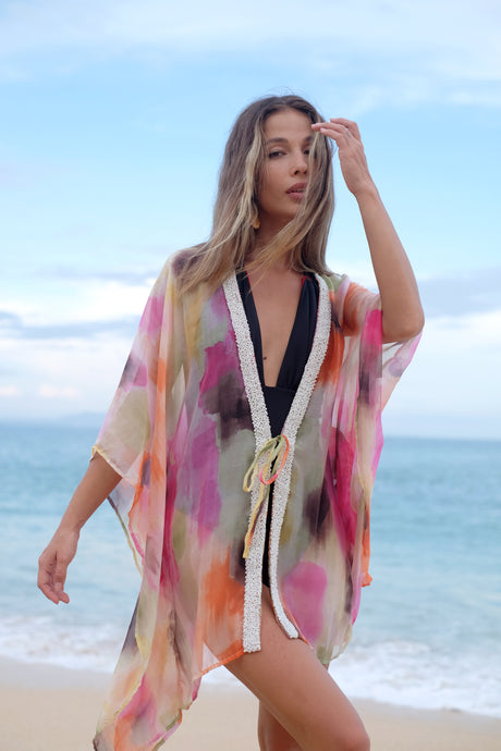 Women's pink yellow orange abstract water color print beach kaftan swimsuit cover up, sustainably made in Bali for women in Dubai