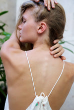Load image into Gallery viewer, Back view of Angel halter maxi dress with adjustable back ties to be worn higher up or lower down for a customized fit