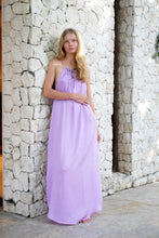 Load image into Gallery viewer, Light lilac purple halter maxi dress with beaded neckline, pleated design, perfect resort wear in Dubai for women who love fashion on and off the beach

