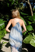 Load image into Gallery viewer, Back view close up of light blue ombre halter maxi dress with beaded neckline, pleated design, perfect for resort wear in Dubai for women who love sustainable fashion from Bali


