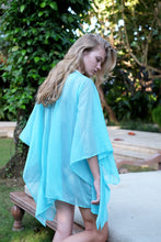 Load image into Gallery viewer, Chic and breezy cyan beach kaftan cover up, ideal for poolside &amp; beach lounging in Dubai and beyond