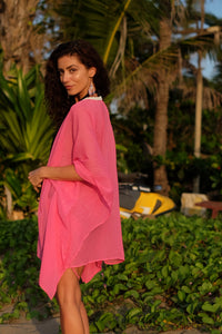 Pink shimmery lurex Lightweight and flowy beach kaftan cover up for women, perfect for beach vacations in Dubai and beyond