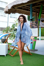 Load image into Gallery viewer, Lightweight beach kaftan cover up in blue-gray tie-dye chiffon for effortless resort style, sustainable swimwear cover up for women looking for best beach kaftans in Dubai