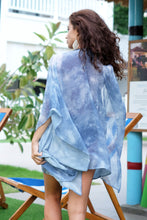 Load image into Gallery viewer, Blue gray tie dye chiffon beach kaftan with handsewn metallic dark blue beads along the neckline, with handmade earrings, designed in Dubai, handmade in Bali