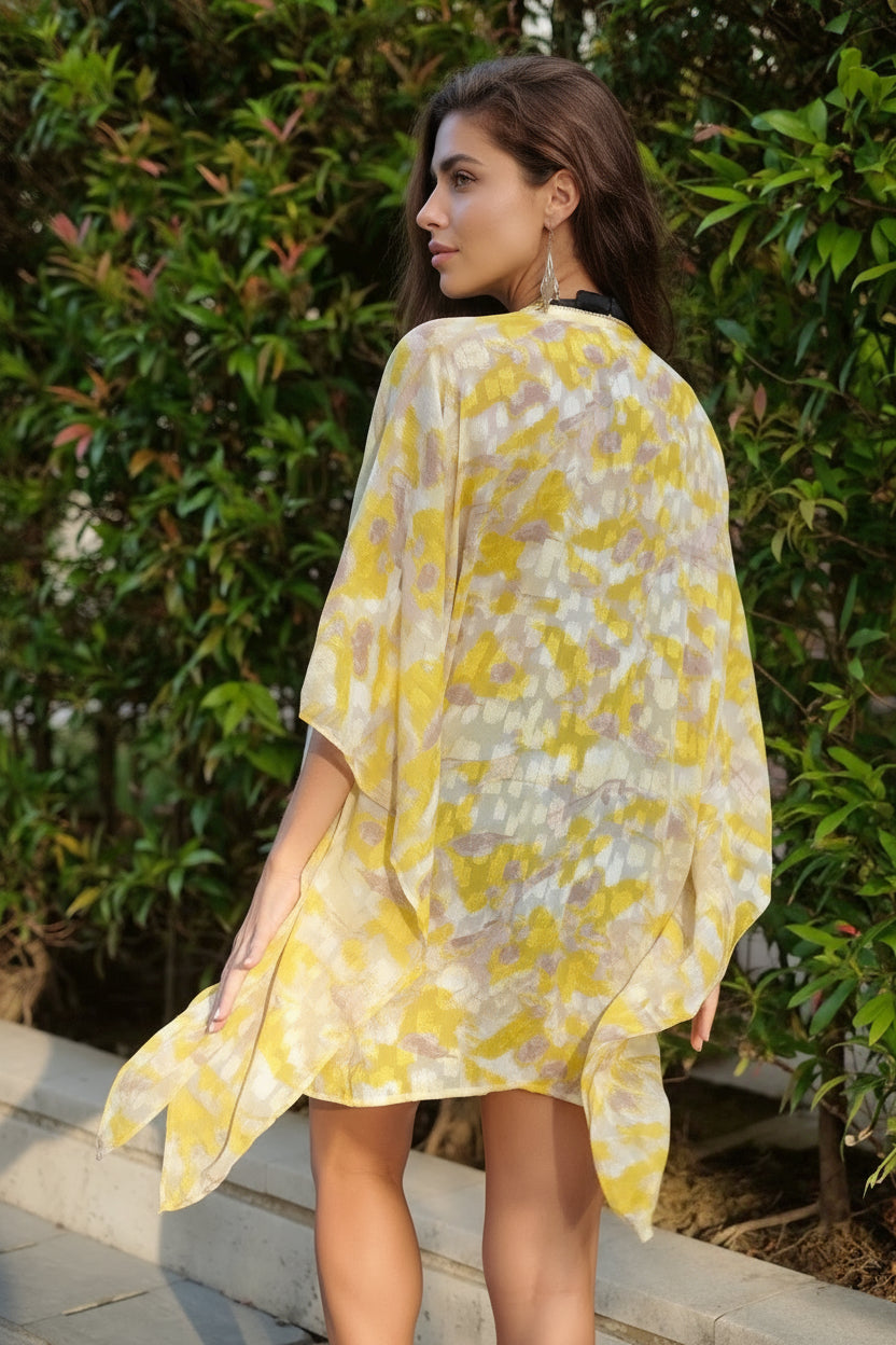 dubai style yellow beach kaftan for women with glamorous rhinestone neckline trim and handmade dangle earrings