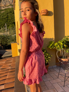 Ella Ruffle Block Print Kids Coord Set in Rose Pink