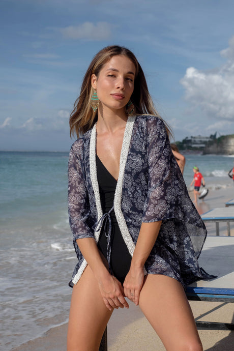 Bohème navy blue paisley beach kaftan with hand-sewn bead neckline, luxury beachwear for women in Dubai
