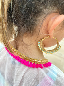 Girls kids white beach kaftan swimsuit cover up with hot pink tassel trim for the pool and the beach