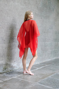 Camille women's handmade chiffon beach kaftan in red with artisan embroidery, perfect for beach days in Dubai