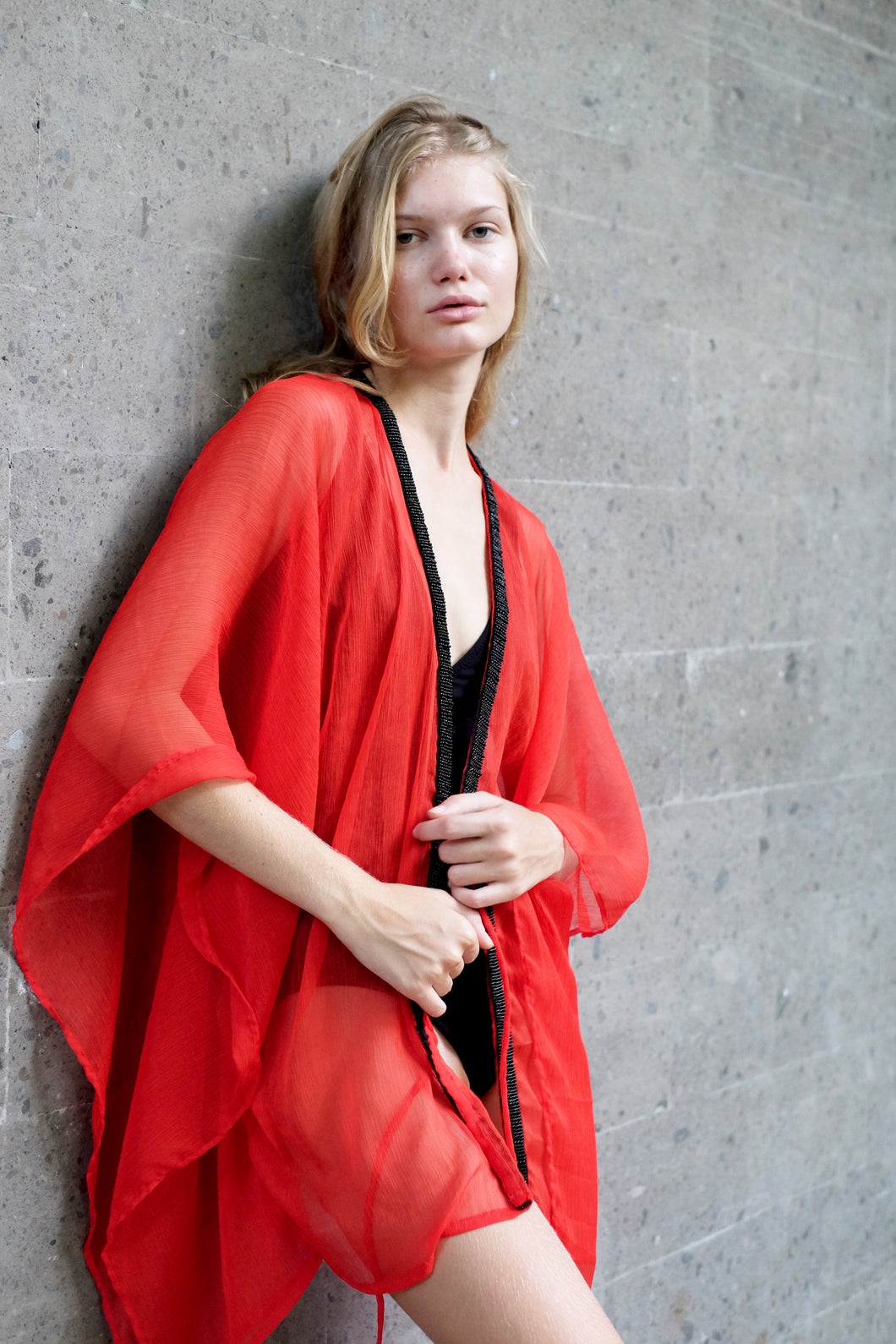 Camille red women's beach kaftan with black embroidery, handmade resortwear for Dubai beaches