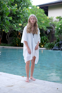 Seraphina Kaftan Dress in White with Gold & Silver Accents