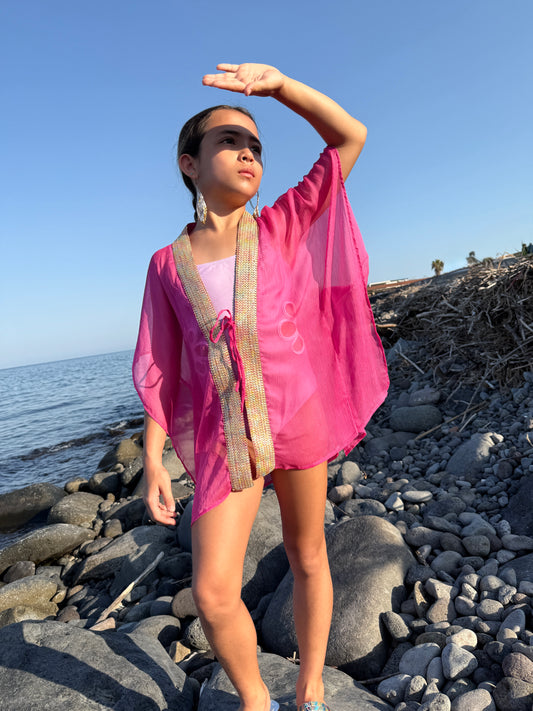 Lara pink beach kaftan for girls in Dubai with gold accents
