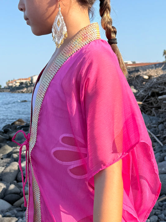 Lara beach kaftan in pink chiffon with gold accents for stylish kids in Dubai