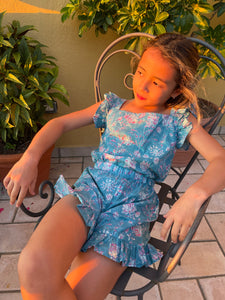 Ella Ruffle Block Print Kids Coord Set in Blue & Pink Floral